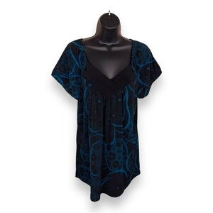 1x PERSEPTION VINTAGE Y2K PLUS TOP BLACK TEAL BLUE STRETCH VNECK SHORT SLEEVE